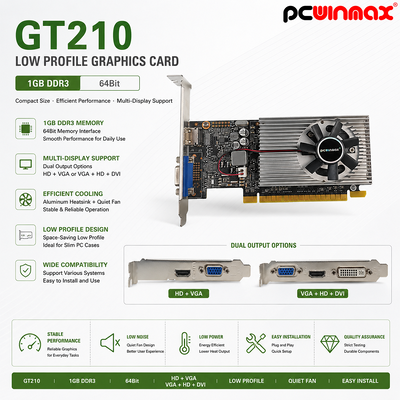 PCWINMAX GT 210 1GB 64bit GDDR3 Low Prof Single Fan HD VGA Desktop Video Card gốc PCI Express 2.0x16 GPU