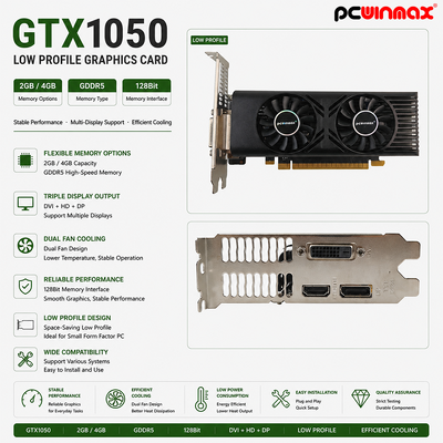 PCWINMAX GTX 1050 Thẻ đồ họa máy tính để bàn 2GB 128Bit GDDR5 Low Profile Dual Fan