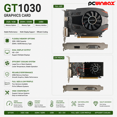 PCWINMAX GT 1030 2GB GDDR5 ATX Thẻ đồ họa 64Bit Single Fan HD DVI Thẻ video máy tính để bàn