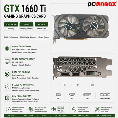 PCWINMAX Geforce GTX 1660 Ti 6GB GPU Thẻ đồ họa 192 Bit 1500MHz/1770MHz HD DP DVI 14Gbps Bộ nhớ