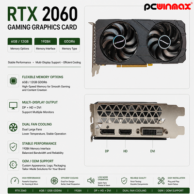 PCWINMAX Geforce RTX 2060 6GB GDDR6 192Bit 1680 MHz Card đồ họa chơi game quạt kép có HD/DP/DVI Còn hàng dành cho các bản dựng máy tính để bàn