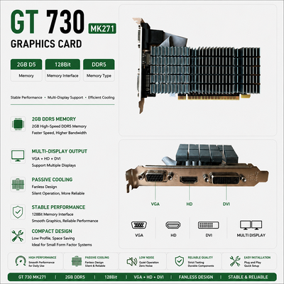 PCWINMAX Graphics Card GT 730 2GB GDDR5 64Bit Low Profile Passive Cooling GPU with I/O Brackets OEM/ODM for Silent HTPC & Office PCs