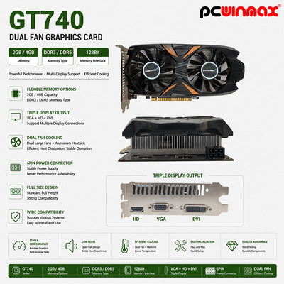PCWINMAX GeForce GT 740 gốc 2GB GDDR5 128Bit Dual Fan Desktop VGA HD DVI Thẻ đồ họa